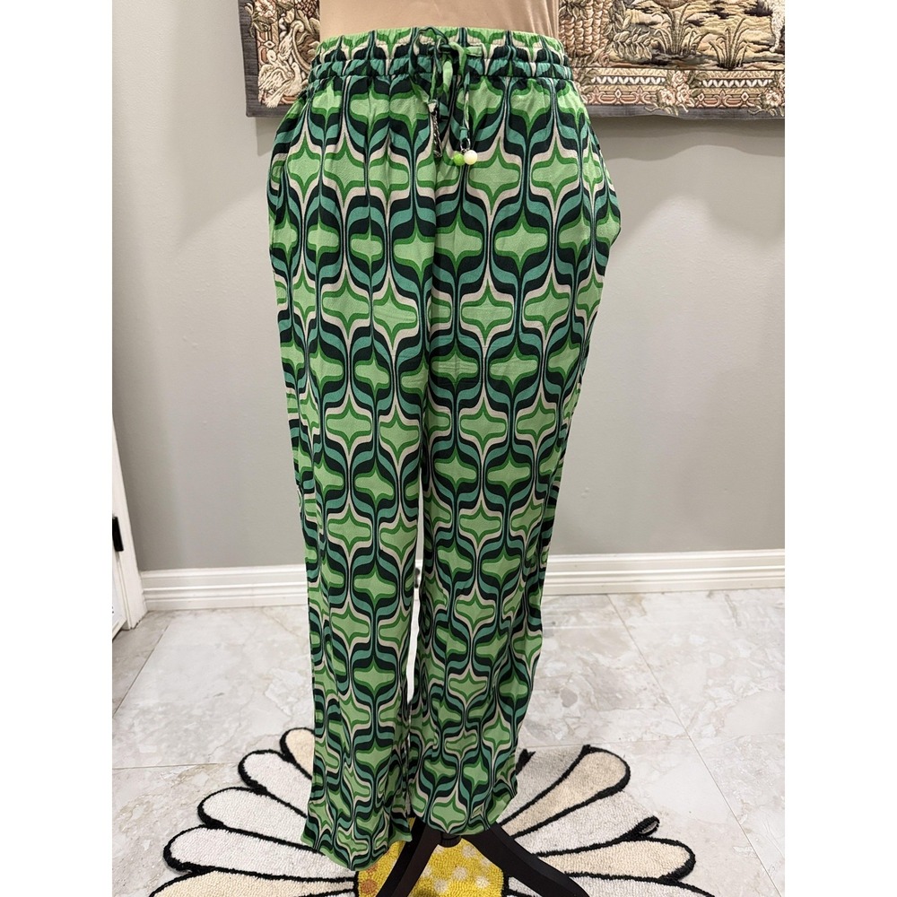 Zara Pants Womens Small Green Geometric Print Wide Leg Drawstring Elastic Waist‎